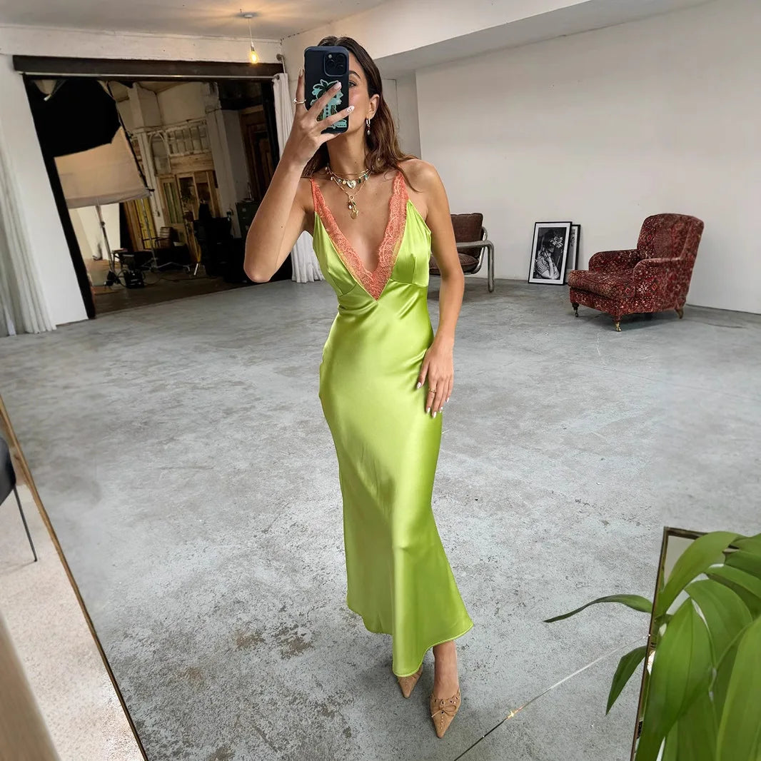 Glorol - Lace Spaghetti Strap Deep V Neck Bodycon Maxi Dress