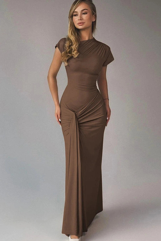 Glorol - Elegant Slim Pleated Lace Up Short Sleeve Maxi Dress