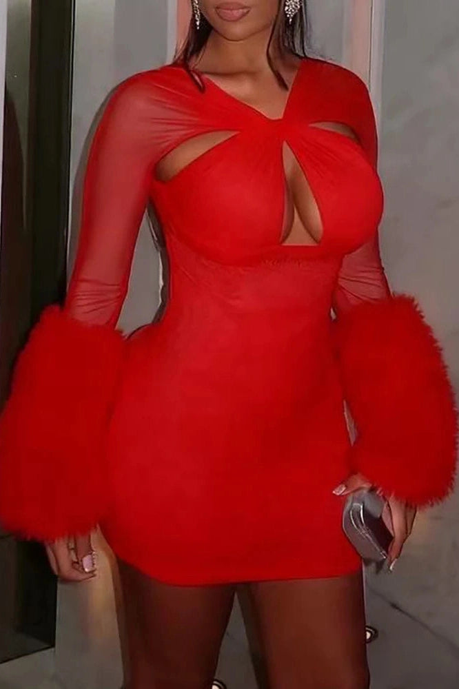 Glorol - Elegant Hollow Out Long Sleeve Bodycon Mini Dress