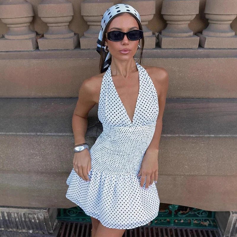Glorol - Polka Dot Pleated Lace Sleeveless Mini Dress