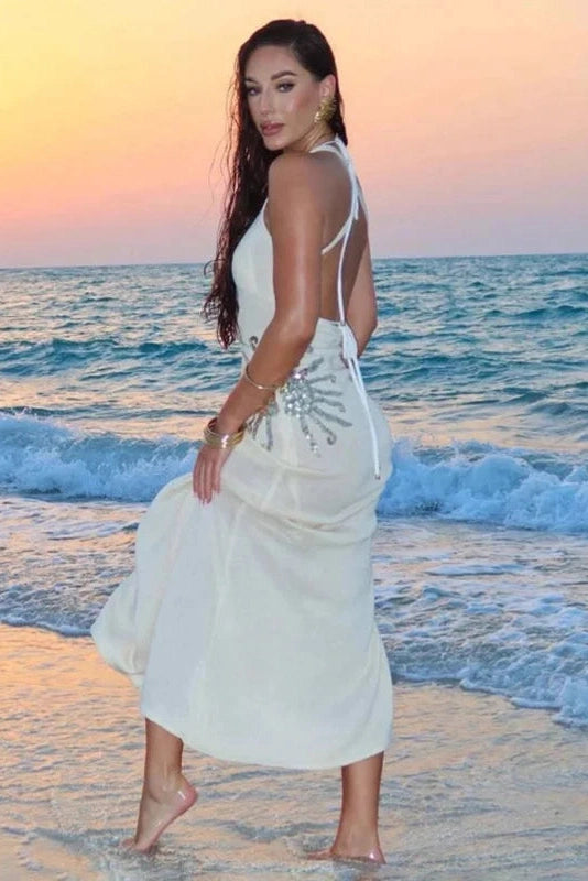 Glorol - Elegant Deep V-Neck Backless Knitted Maxi Dress