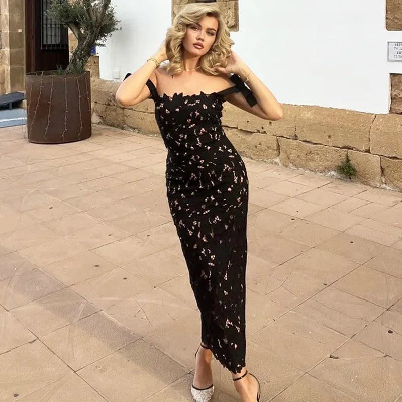 Glorol - Patchwork Lace-Up Backless Maxi Dress