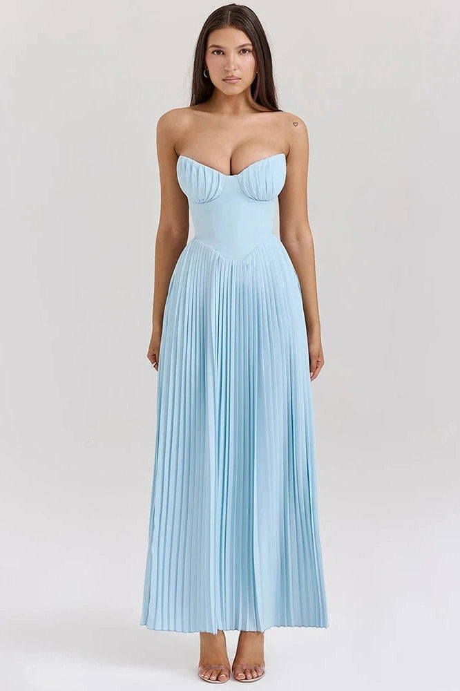 Glorol - Off-shoulder Strapless Sleeveless Backless Pleated Maxi Dress