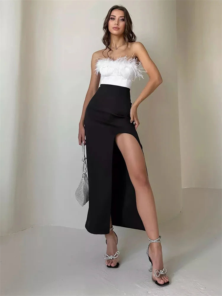 Glorol - High Waist Side Split Patchwork Skirt