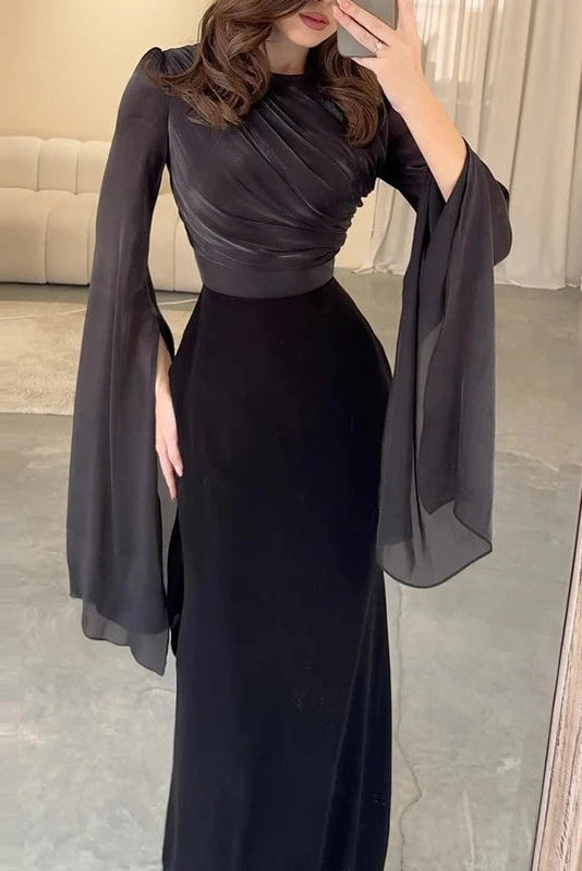 Glorol - Elegant Flare Sleeve Bodycon Slim O Neck Maxi Dress
