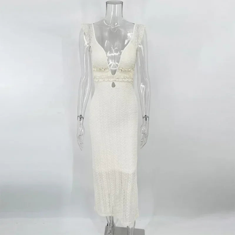 Glorol - Hollow Out Patchwork Backless Sleeveless Maxi Dress