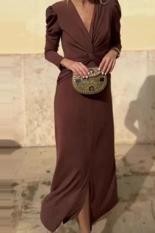 Glorol - Elegant V-Neck Slim Long Sleeve High Waist Maxi Dress