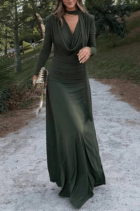 Glorol - Long Sleeve V-Neck Slim High Waist Maxi Dress