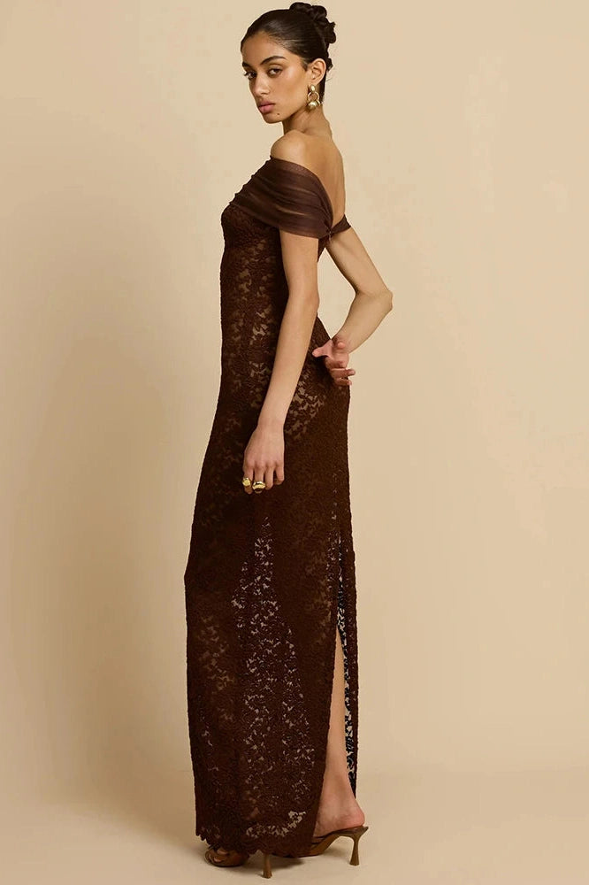 Glorol - Lace Off-Shoulder See Through Strapless Sleeveless Split Bodycon Maxi Dress