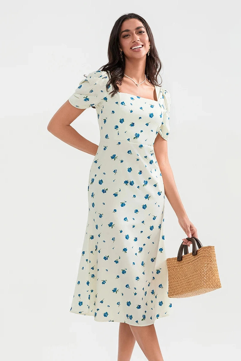 Glorol - Short Sleeve Floral Print A-Line Midi Dress