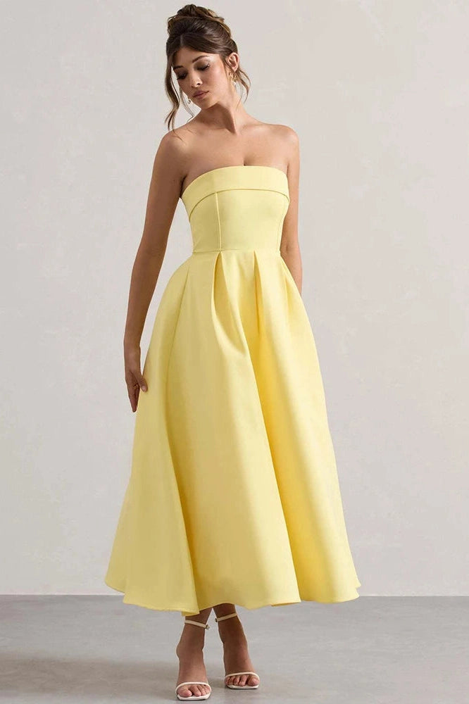 Glorol - Off-Shoulder Strapless Sleeveless Backless High Waist A-Line Midi Dress