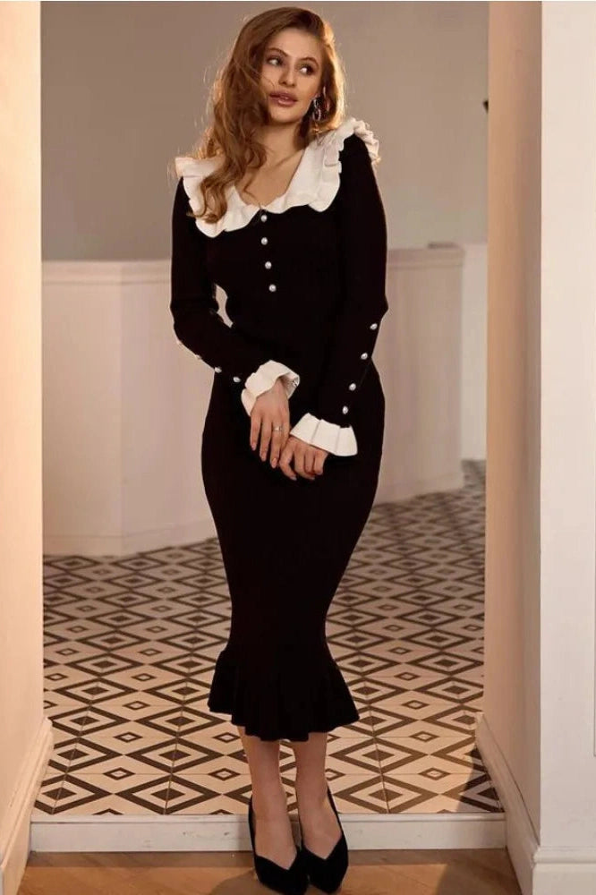 Glorol - Patchwork Knit Long Sleeve Slim Midi Dress