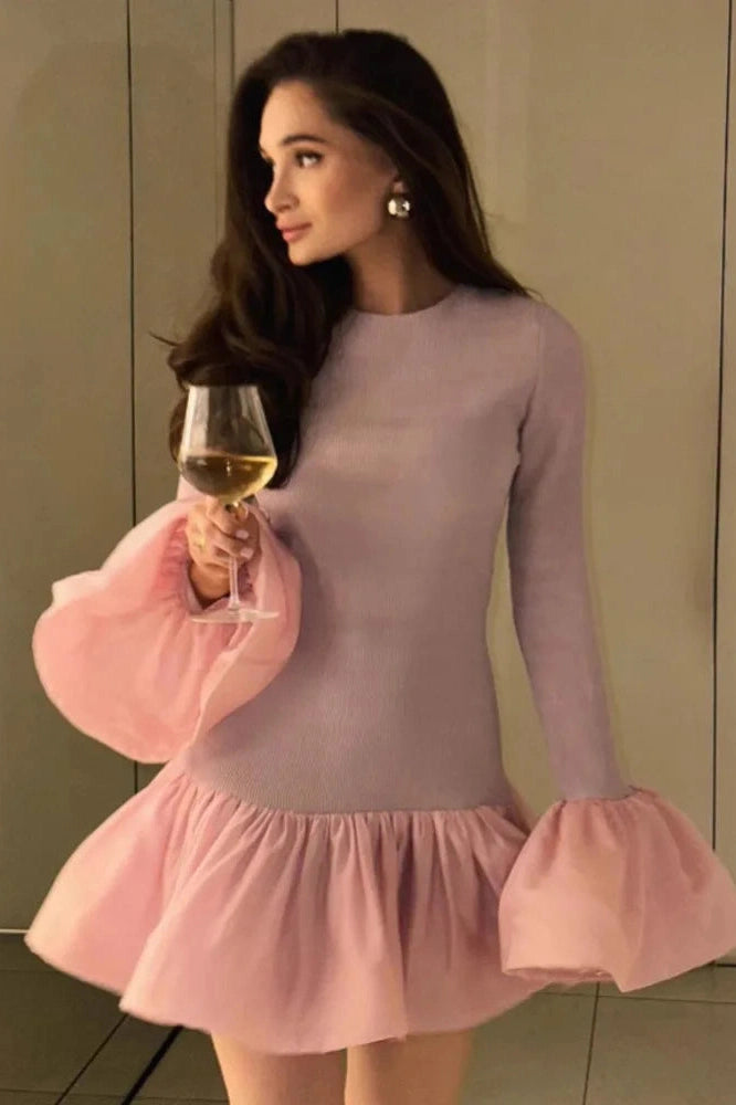 Glorol - Long Flare Sleeve Patchwork O-Neck A-line Mini Dress