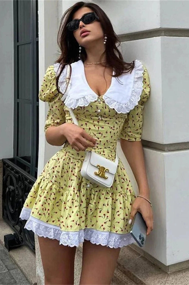 Glorol - Printed Patchwork V-Neck Short Sleeve Slim Mini Dress