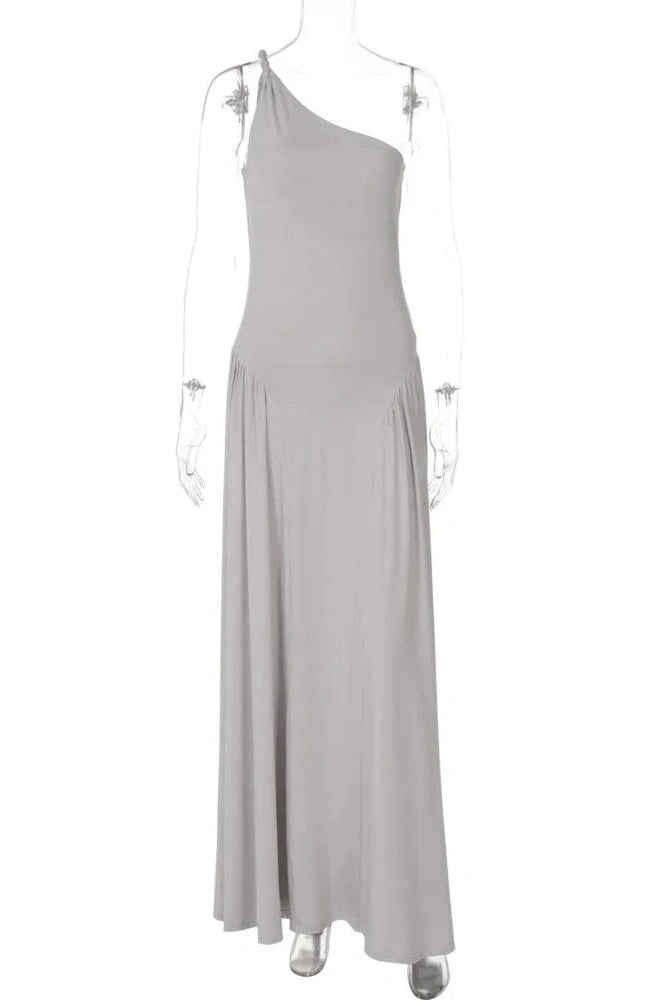 Glorol - Inclined Shoulder Backless Sleeveless Pleated Maxi Dress