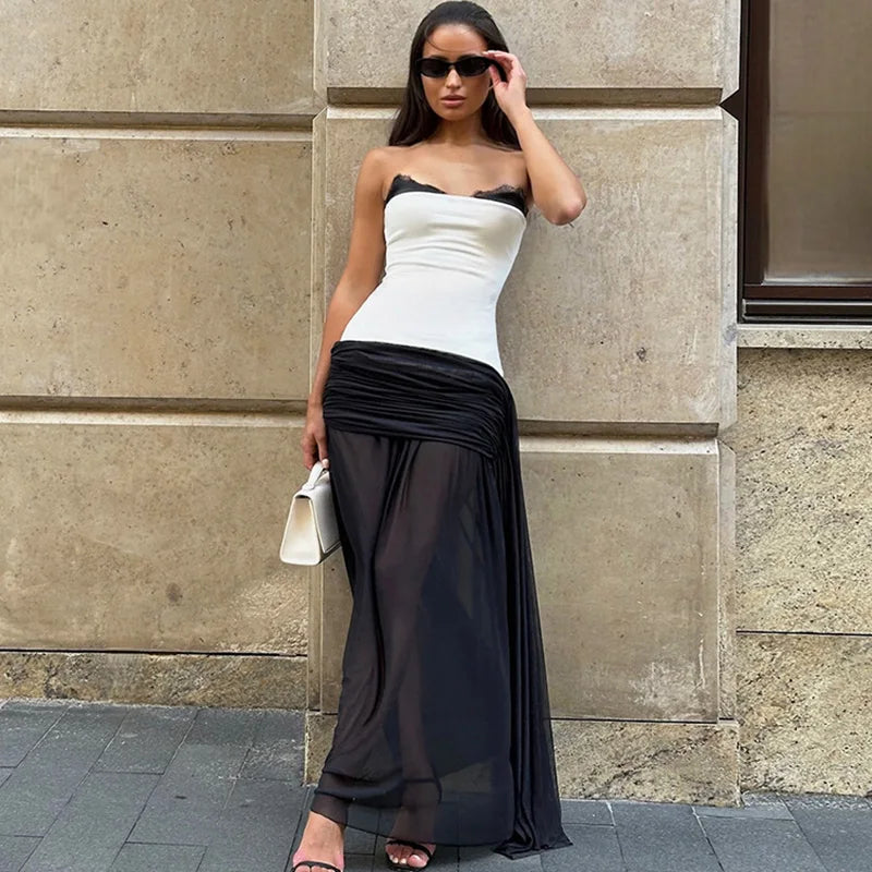Glorol - Lace Strapless See Through Patchwork Maxi Dress