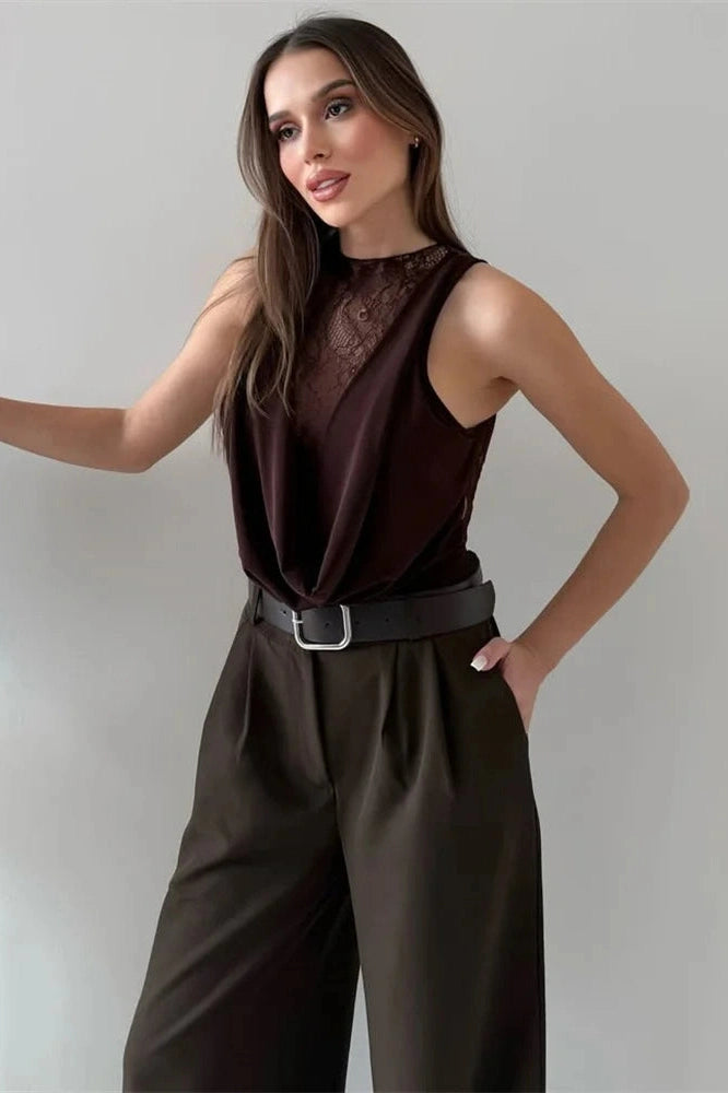 Glorol - Lace See-Through Sleeveless Patchwork Top