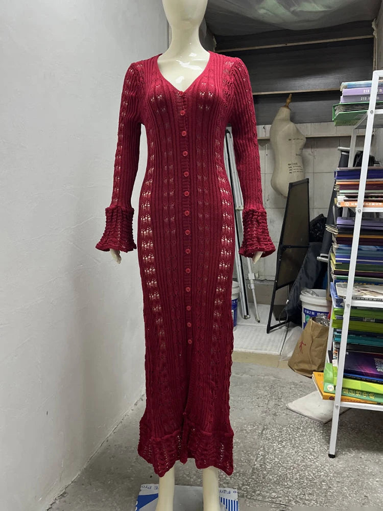 Glorol - Hollow Knitted Long Sleeve Maxi Dress