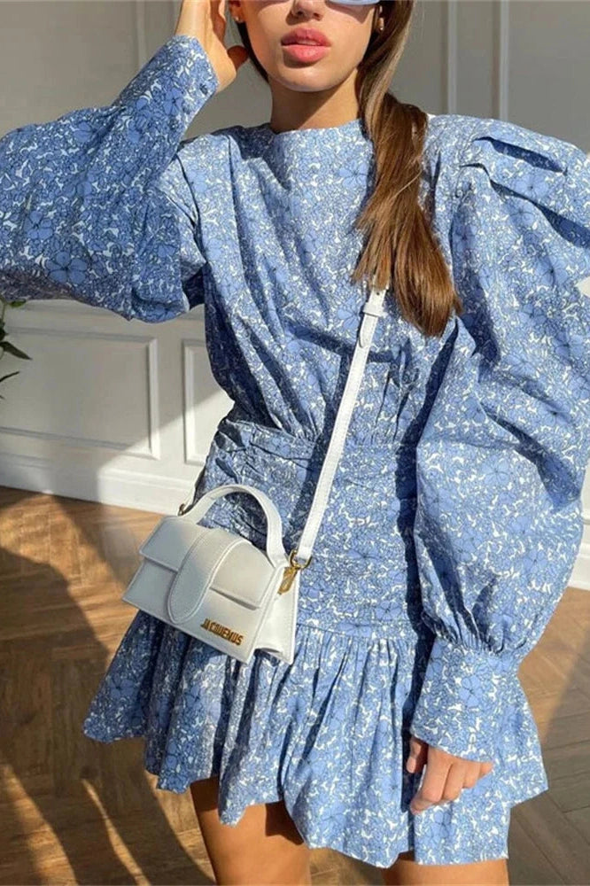 Glorol - Printed Long Sleeve Pleated Patchwork Slim Mini Dress