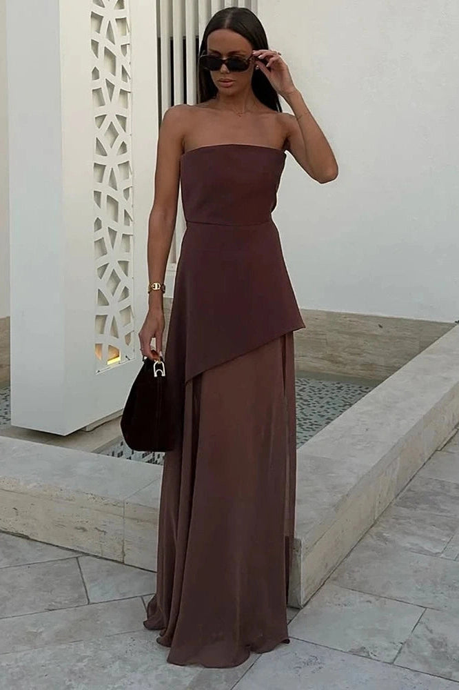 Glorol - Elegant Strapless Sleeveless Mesh Maxi Dress