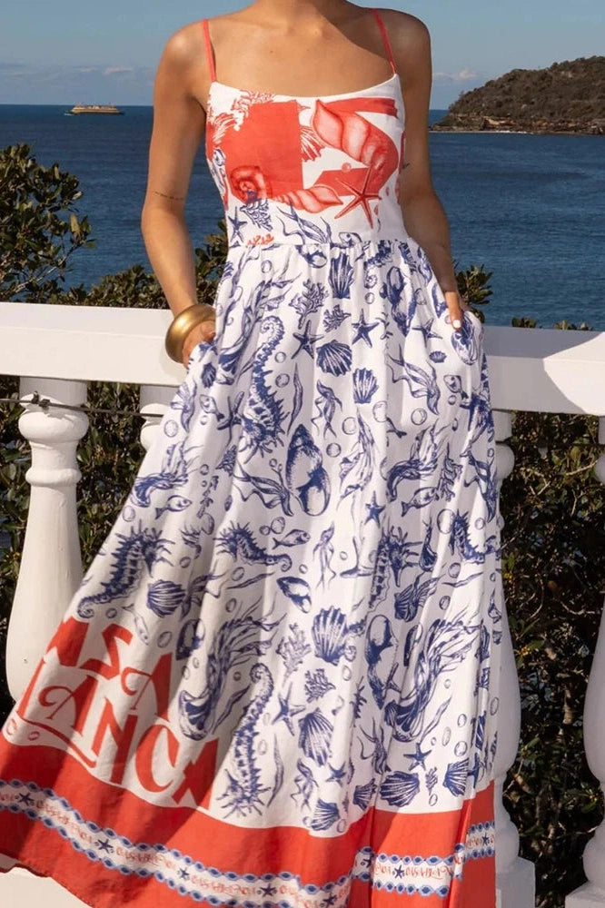 Glorol - Elegant Hollow Out Sleeveless High Waist U-Collar Printed Maxi Dress