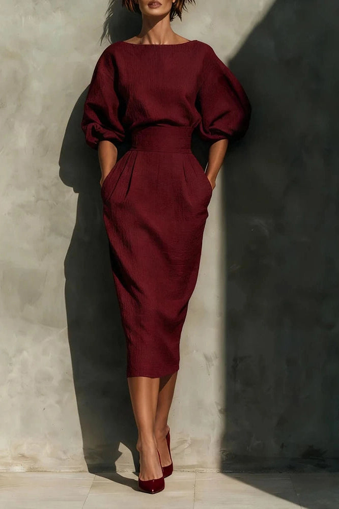 Glorol - Elegant A-Line O-Neck Lantern Sleeve High Waist Pleated Midi Dress