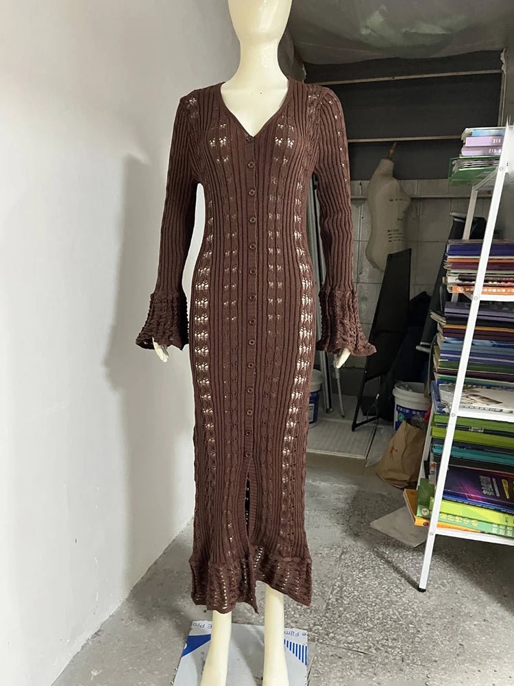 Glorol - Hollow Knitted Long Sleeve Maxi Dress