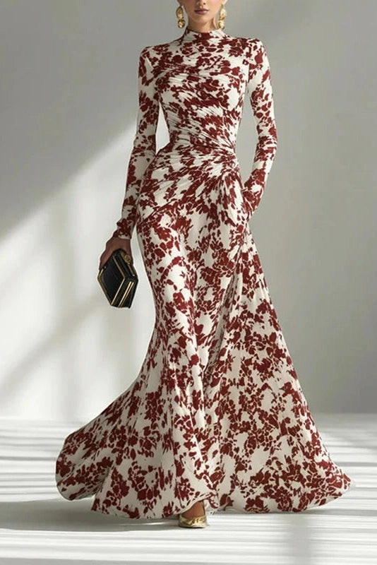 Glorol - Long Sleeve Slim Pleated High Waist Printed Maxi Dress