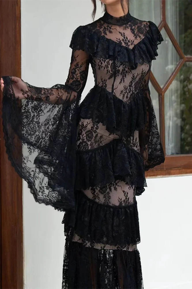 Glorol - Long Sleeve Lace Embroidery High Waist Maxi Dress