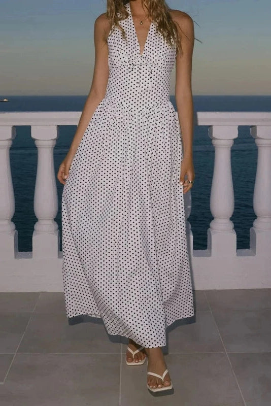 Glorol - Polka Dot Sleeveless Backless Maxi Dress