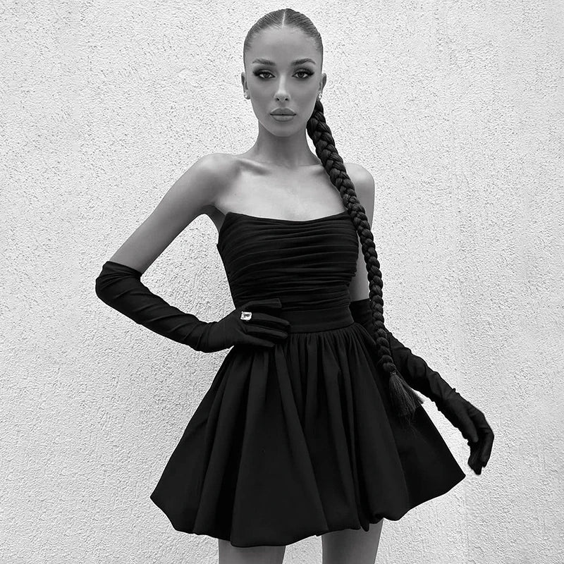 Glorol - Pleated Strapless High Waist A-Line Mini Dress