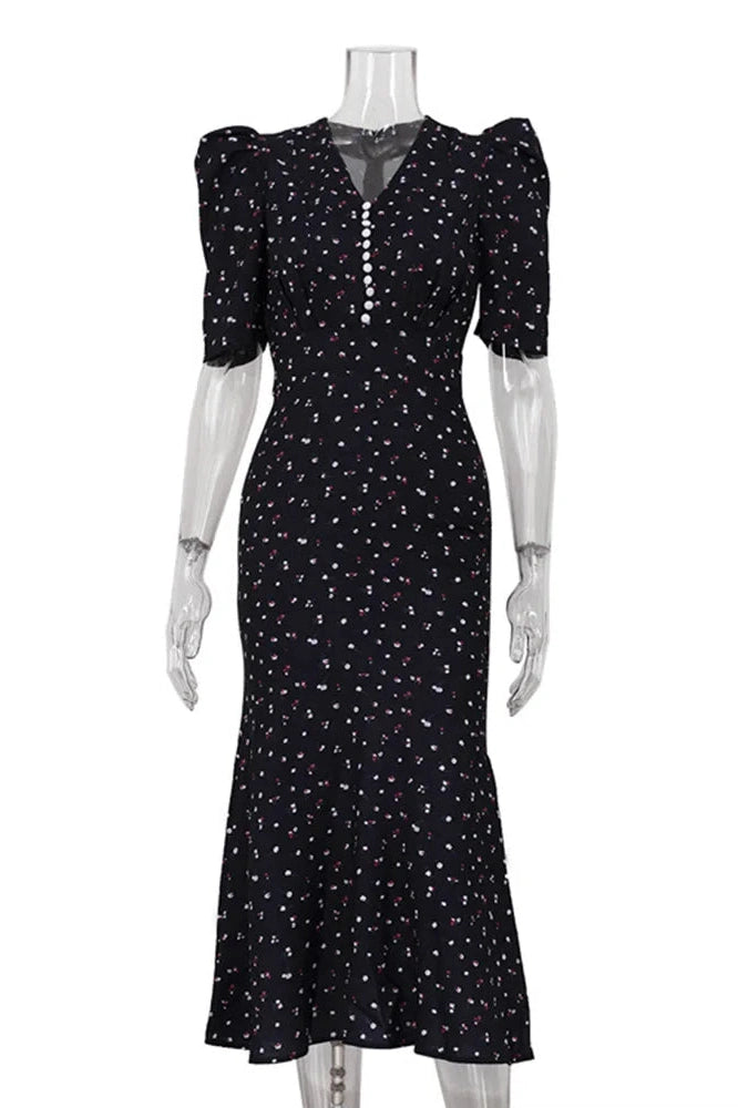Glorol - Elegant Printed Puff Sleeve V-Neck High Waist Maxi Dress