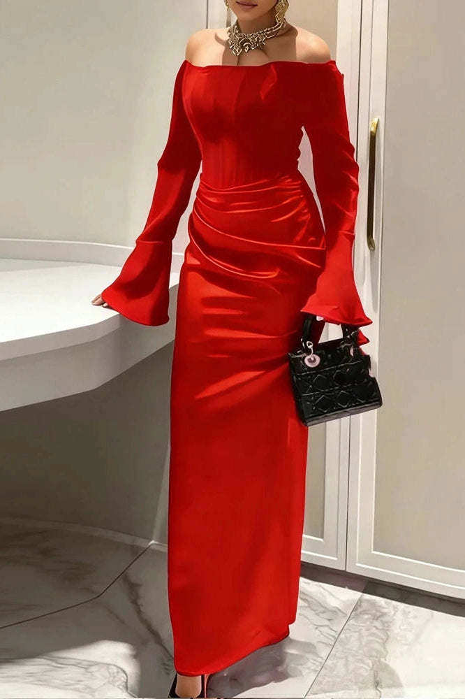 Glorol - Elegant Off-Shoulder High Waist Pleated Maxi Dress