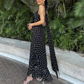 Glorol - Elegant Polka Dot Scarf Ribbon Pleated Maxi Dress