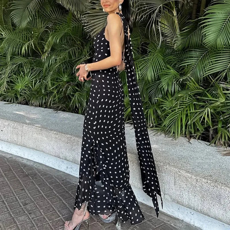 Glorol - Elegant Polka Dot Scarf Ribbon Pleated Maxi Dress