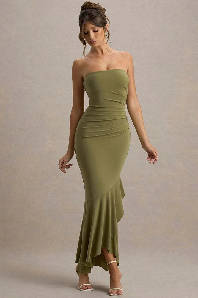 Glorol - Off-Shoulder Strapless Sleeveless Backless Bodycon Pleated Maxi Dress