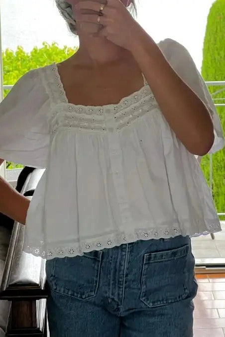 Glorol - Button-Up Lace Short Sleeve Top