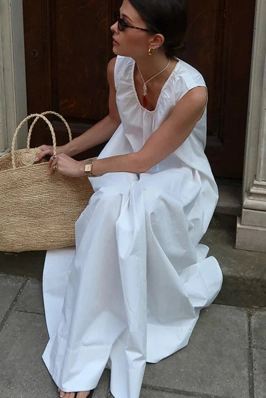 Glorol - Sleeveless Cotton U-Neck Loose Maxi Dress
