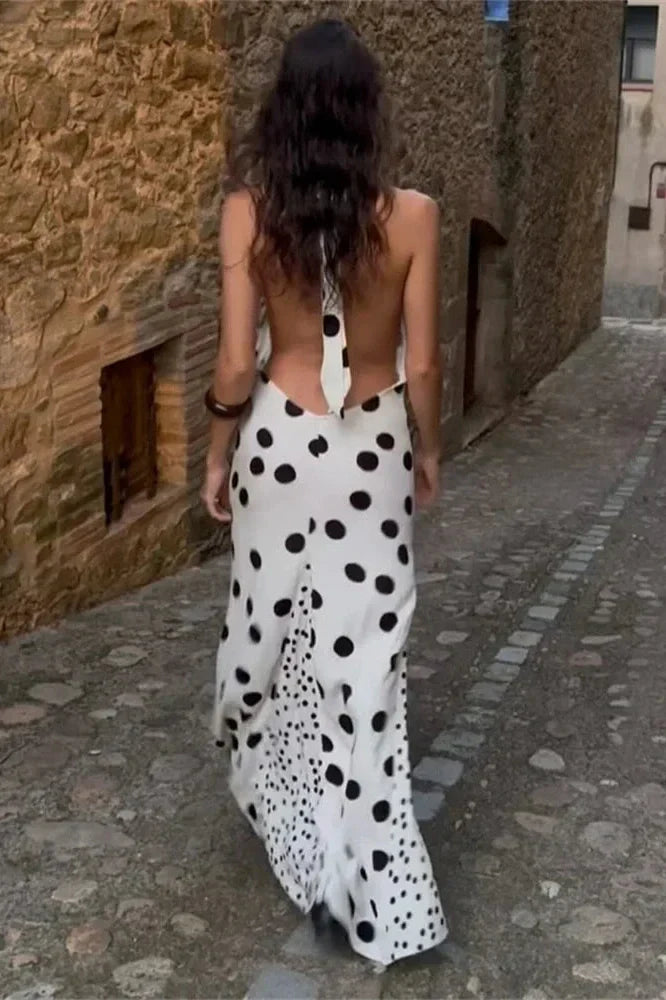 V-Neck Lace-Up Slim Backless Patchwork Maxi Dress