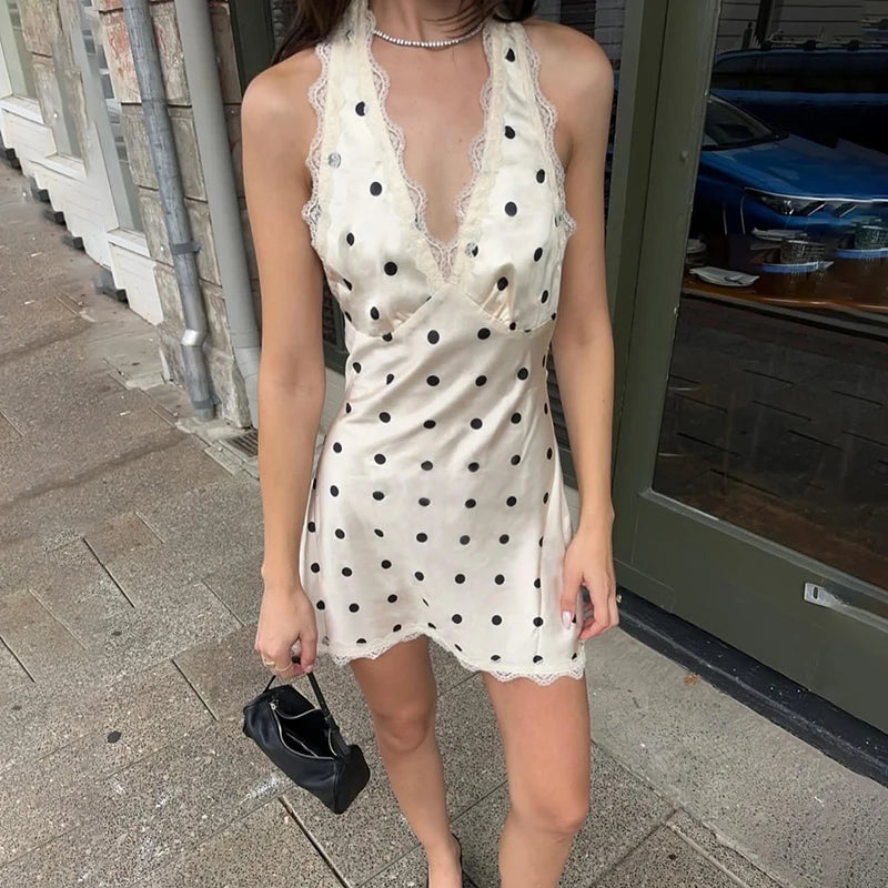 Glorol - Polka Dot Lace Sleeveless Backless Mini Dress