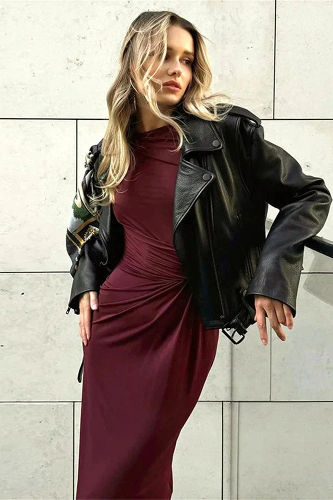 Glorol - Pleated Slim High Waist Long Sleeve Patchwork Maxi Dress