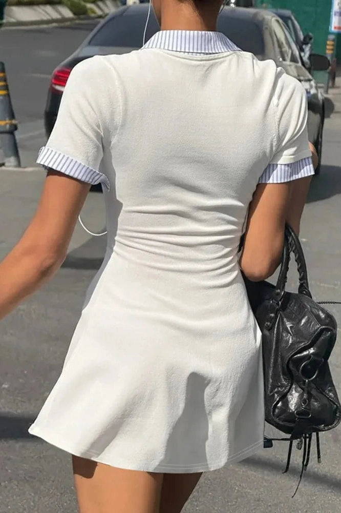 Glorol - Short Sleeve Patchwork Square Collar Single-Breasted Slim High Waist Mini Dress