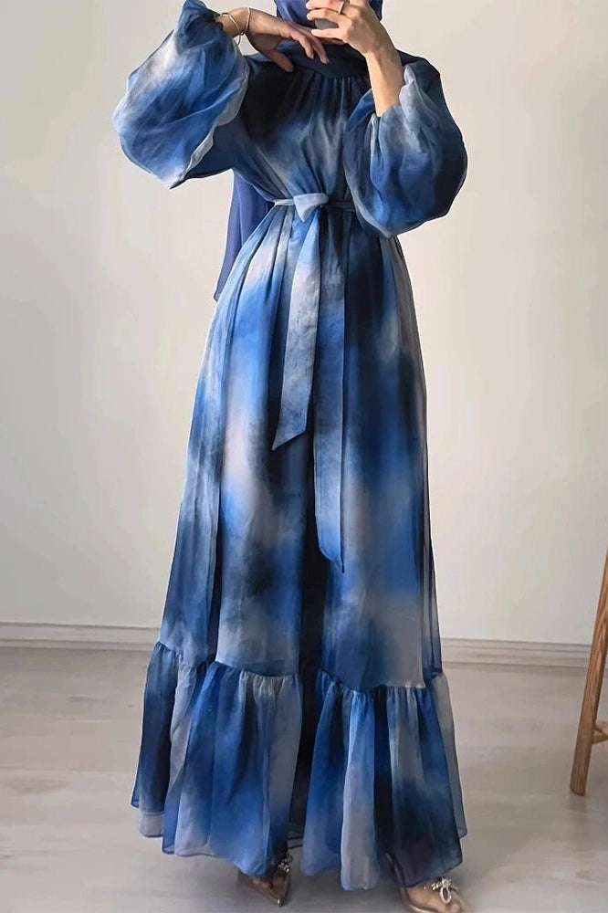 Glorol - Pleated O-Neck High Waist Lace Print Long Sleeve Maxi Dress