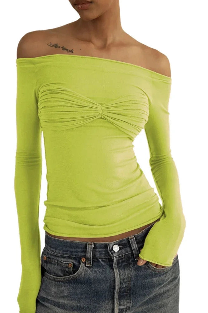 Glorol - Off-Shoulder Long Sleeve See-Through Lace Top