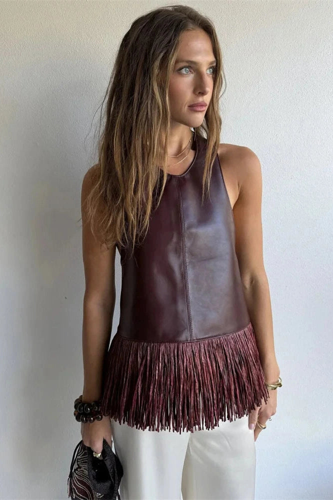 Glorol - PU Leather Backless Patchwork Slim Top