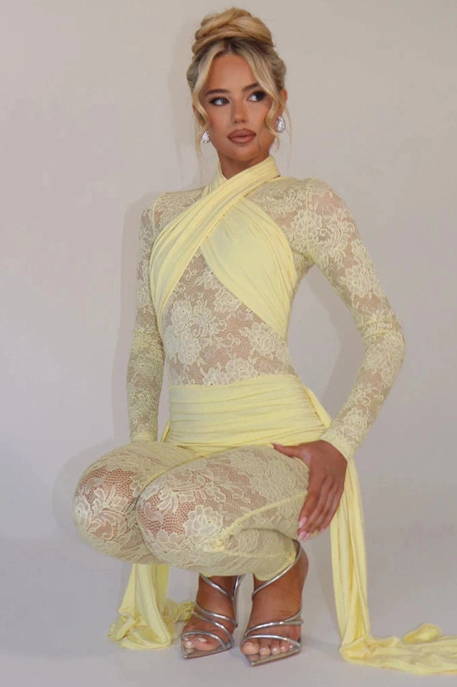 Glorol - Sheer Lace Patchwork Long Sleeve Jumpsuit