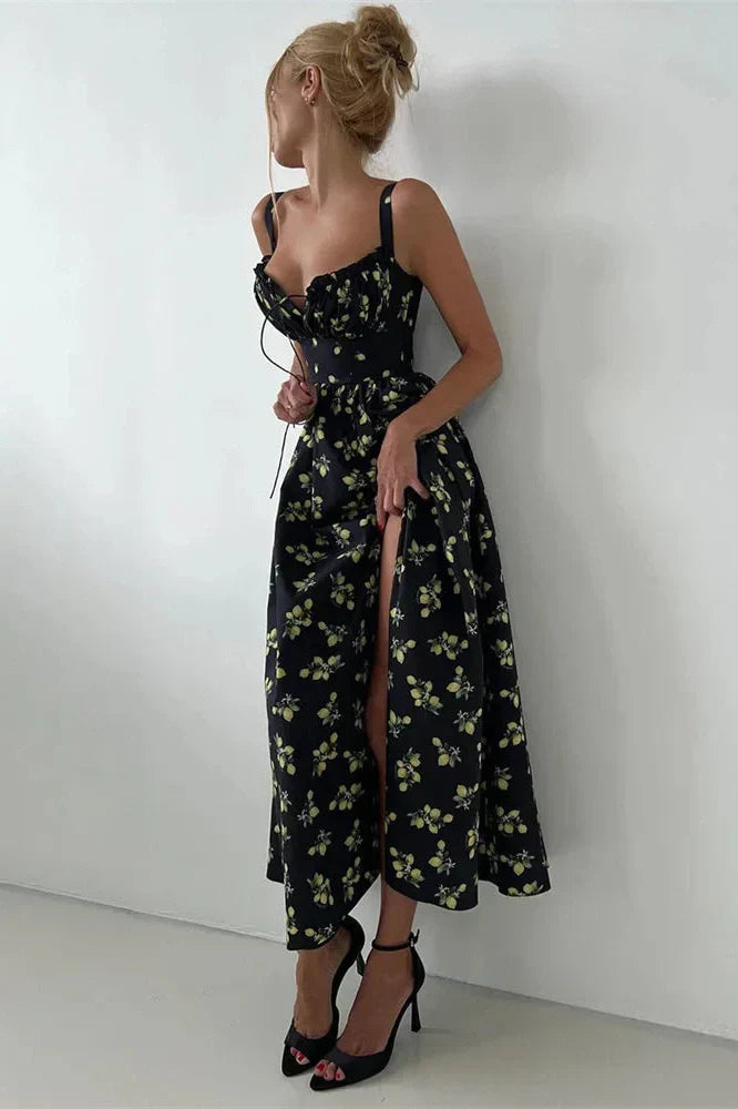V-Neck Printed Lace-Up Sleeveless Bodycon Maxi Dress
