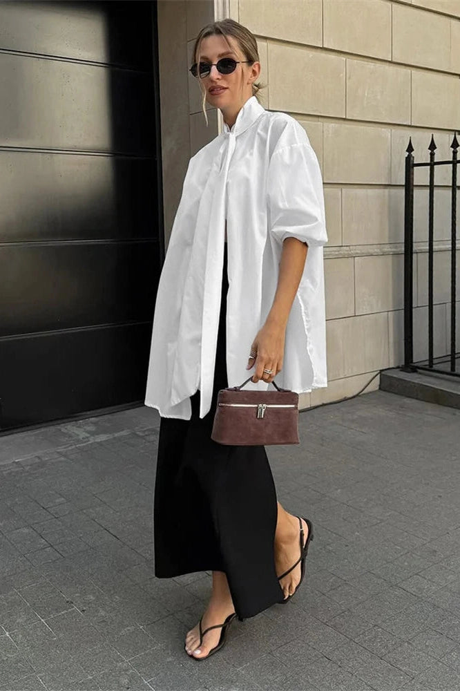 Glorol - Lace-Up Short Sleeve Loose Patchwork Top