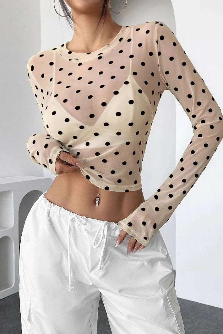 Glorol - See-Through O-Neck Long-Sleeved Slim Top