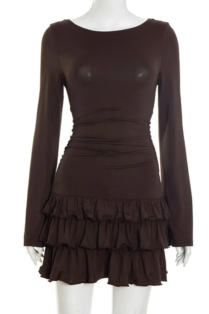 Glorol - Long Sleeve O Neck High Waist A-line Mini Dress